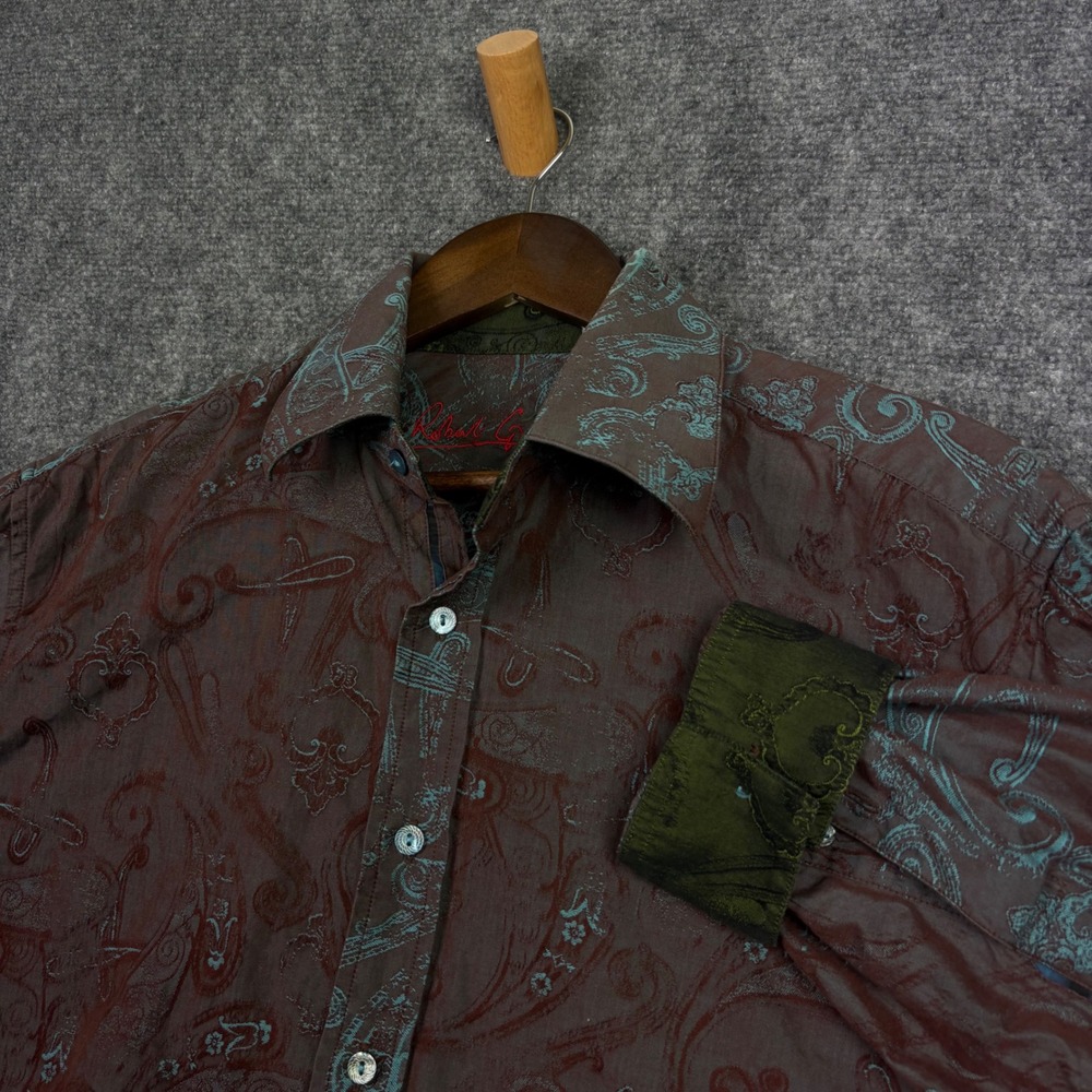 Robert Graham Button Down Mens Large Brown Paisley Long Sleeve Jacquard Shirt
